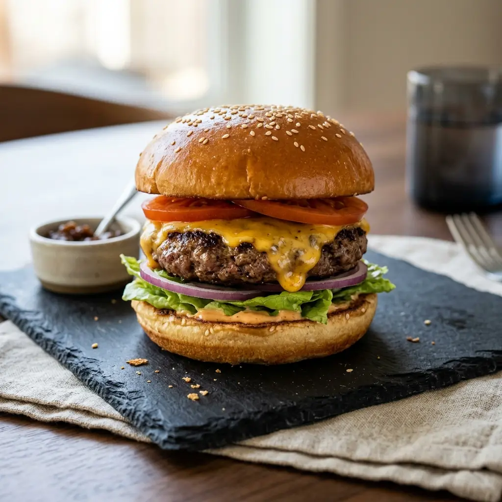 Cheeseburger cu cheddar topit, salată, ceapă roșie și castraveți murați în chiflă