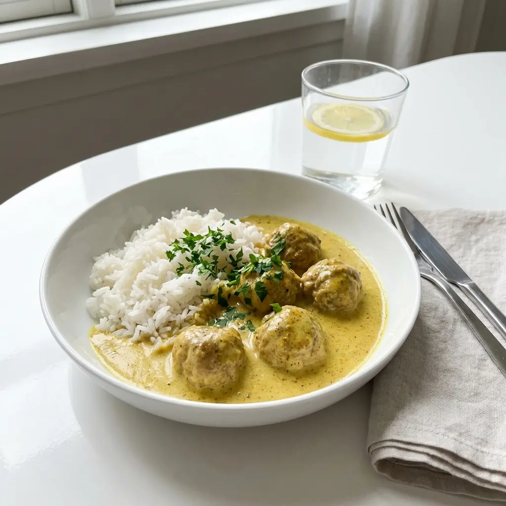 Chifteluțe clasice în sos curry, bile rumenite în sos cremos galben, în tigaie