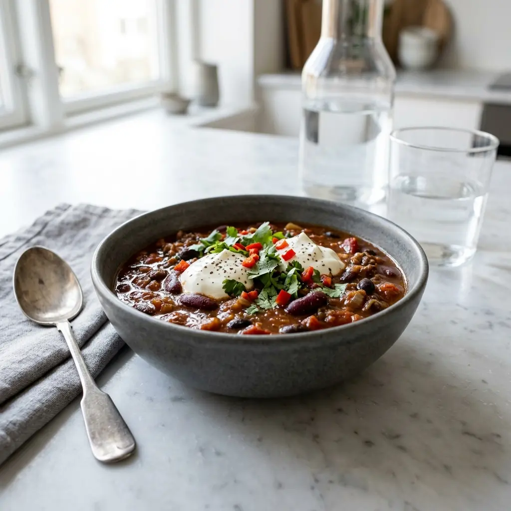 Chili con carne, carne tocată cu fasole roșie în sos de roșii, într-un bol