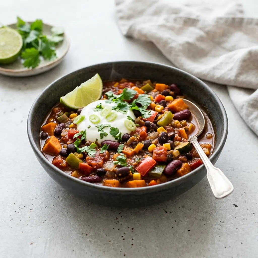 Chili vegetarian cu fasole roșie, porumb și roșii într-un bol adânc