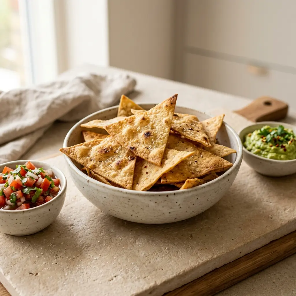 Chipsuri tortilla de casă, triunghiuri aurii cu boia pe hârtie de copt