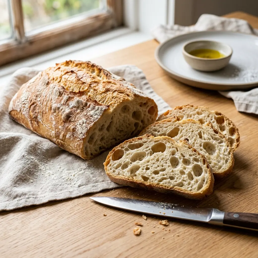 Ciabatta, două pâini lunguiețe cu coajă aurie pe un grătar
