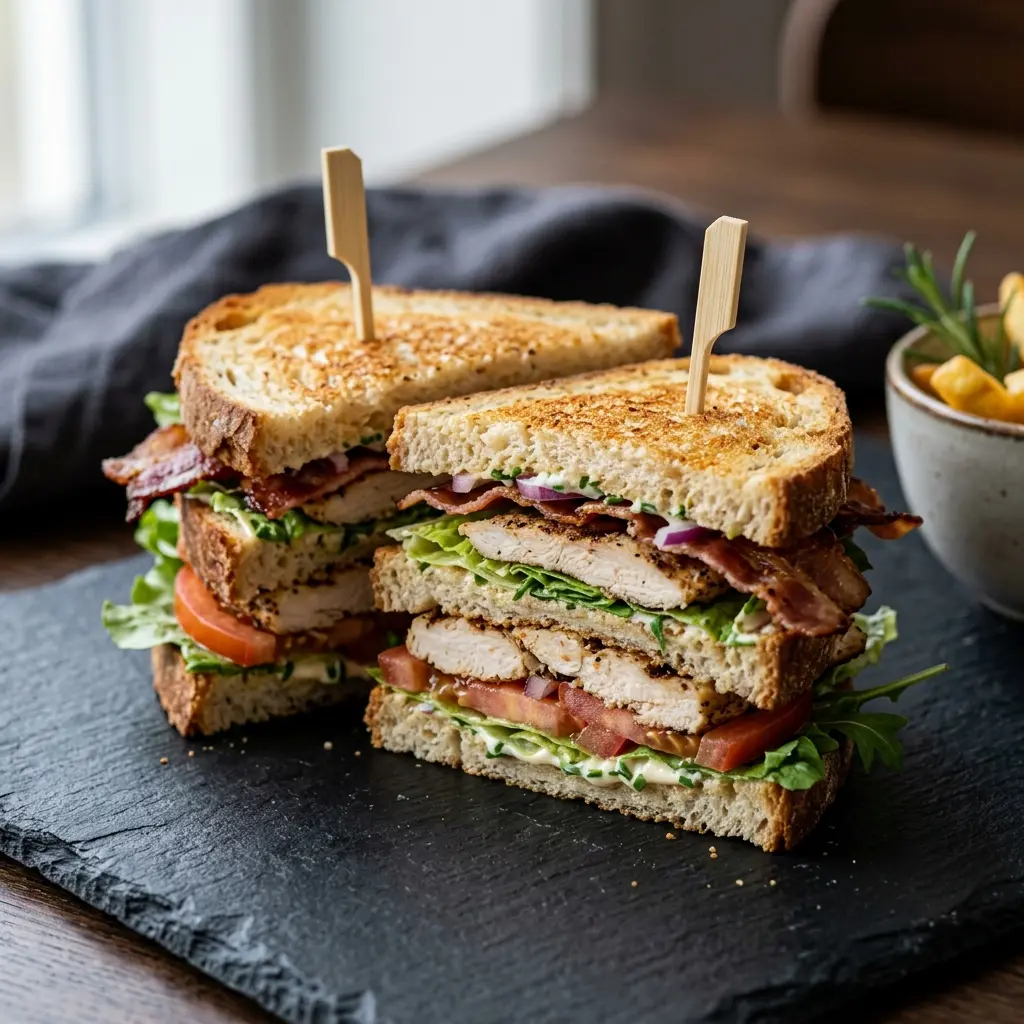 Club sandwich cu pui, sandviș cu trei straturi tăiat în triunghiuri, fixat cu scobitori