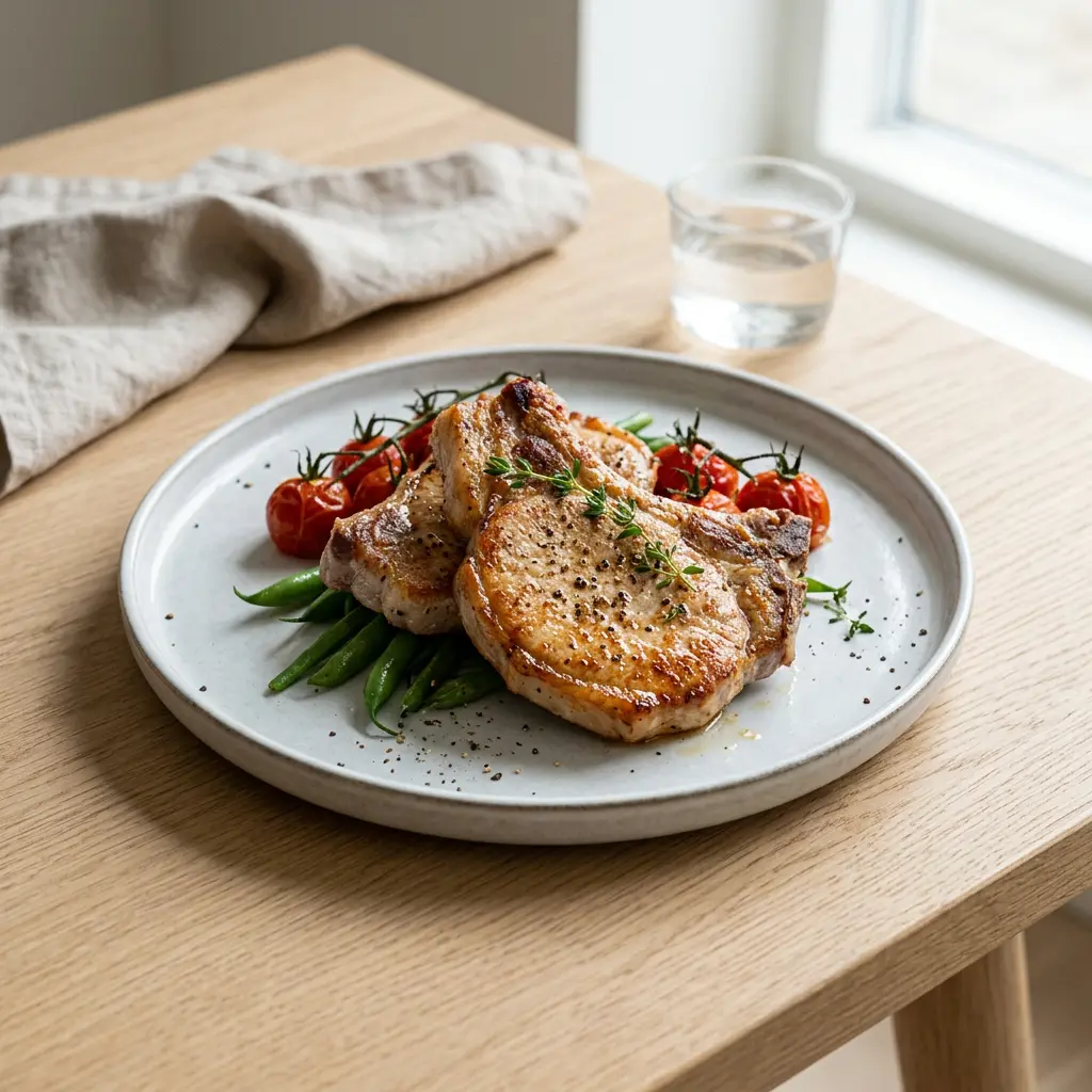 Fotografie cu Cotlete de porc la friteuza cu aer cald gata de servire