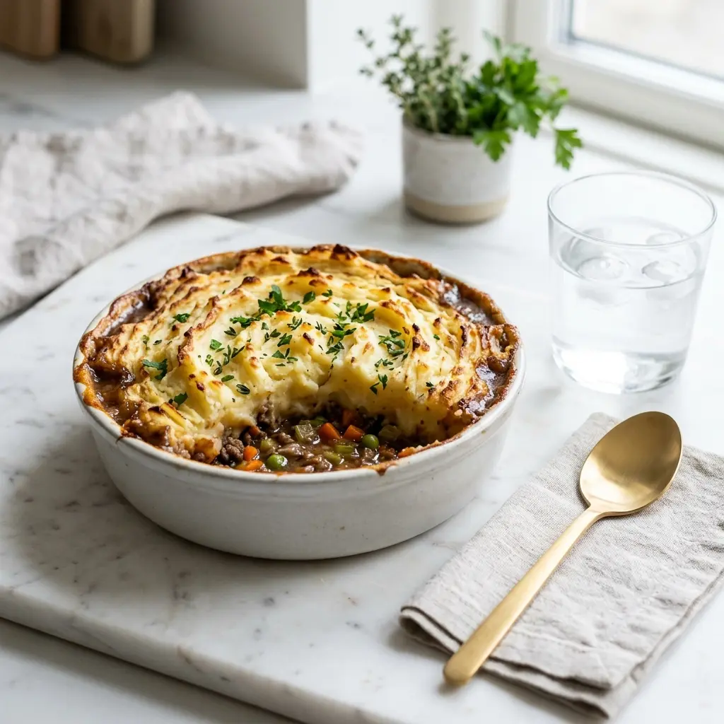 Cottage pie, vas cu piure de cartofi rumenit deasupra sosului de carne