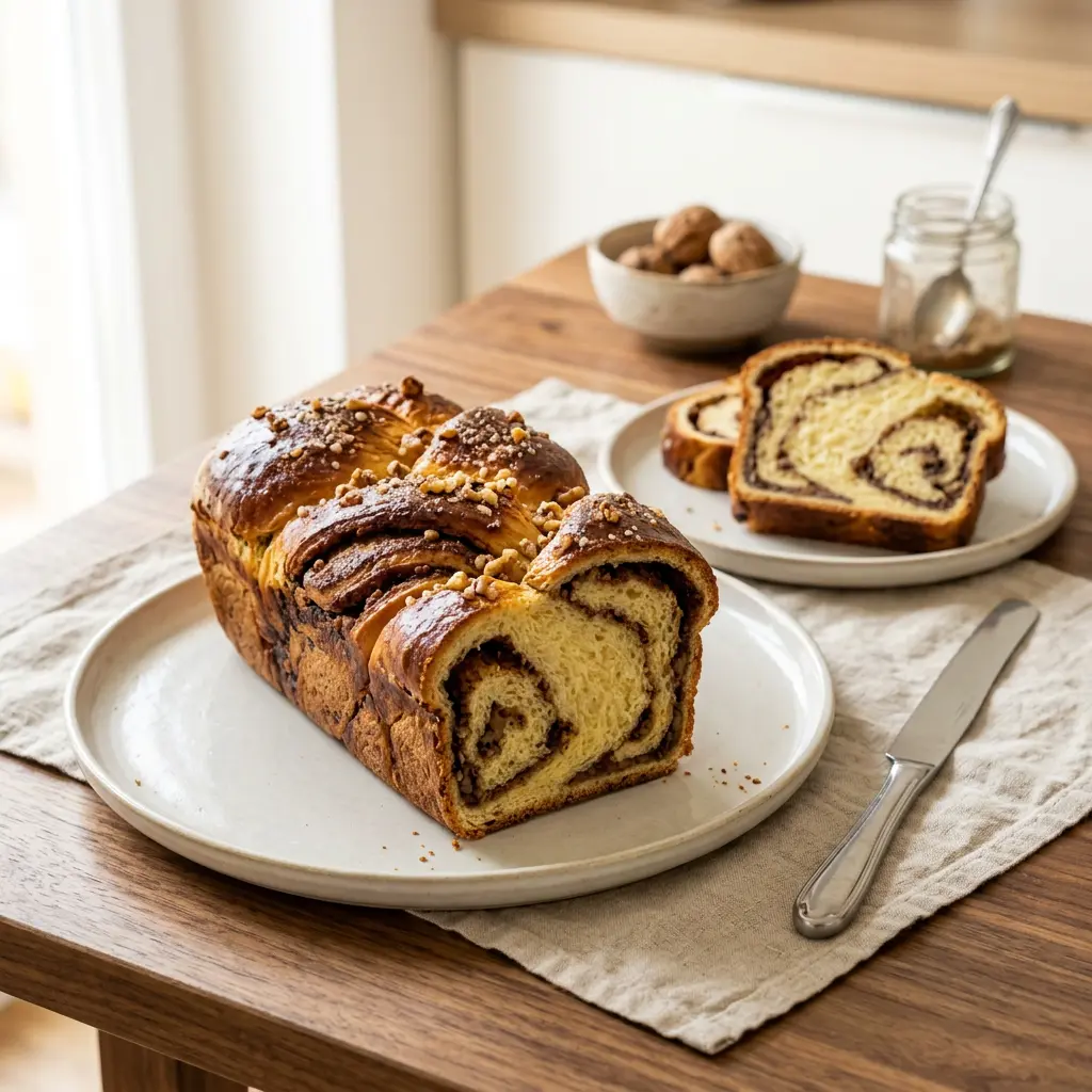 Cozonac cu nucă și cacao, copt, tăiat felii
