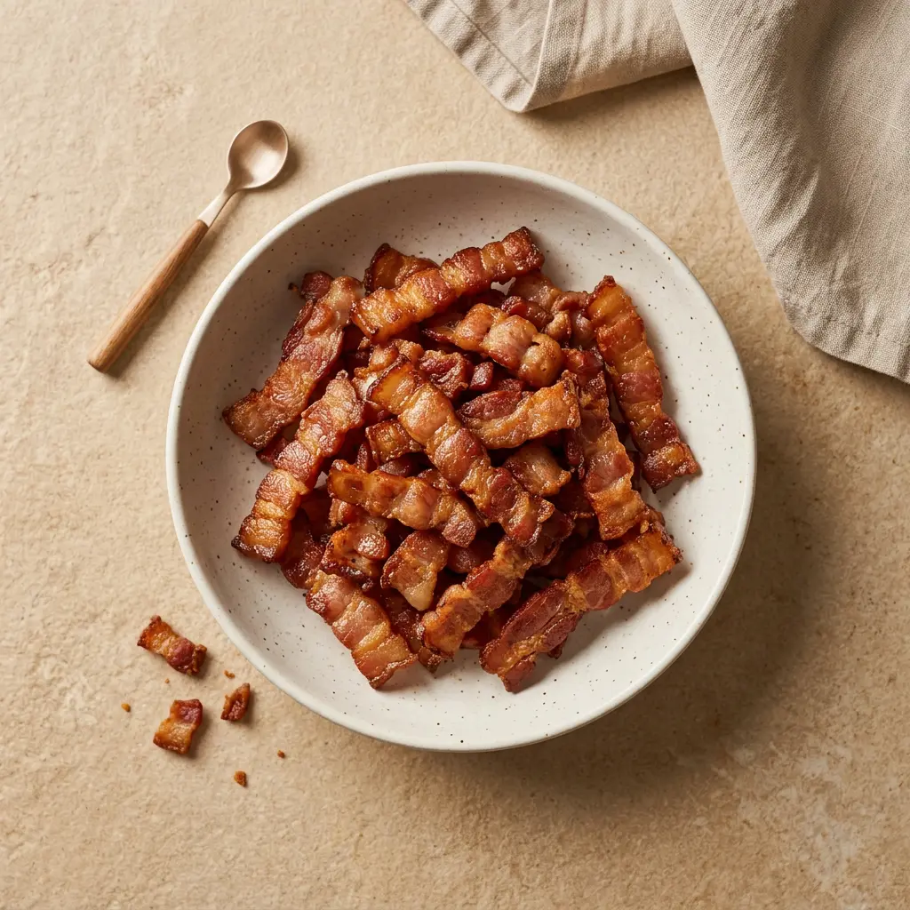 Fotografie cu Cuburi de bacon la friteuza cu aer cald gata de servire