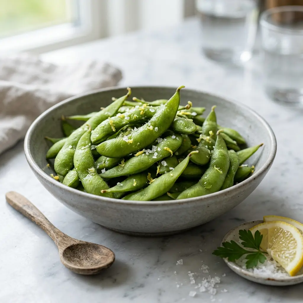 Edamame cu sare și lămâie, păstăi verzi într-un bol cu felii de lămâie