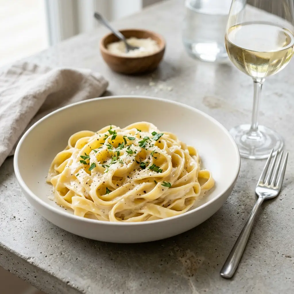 Fotografie cu Fettuccine Alfredo gata de servire