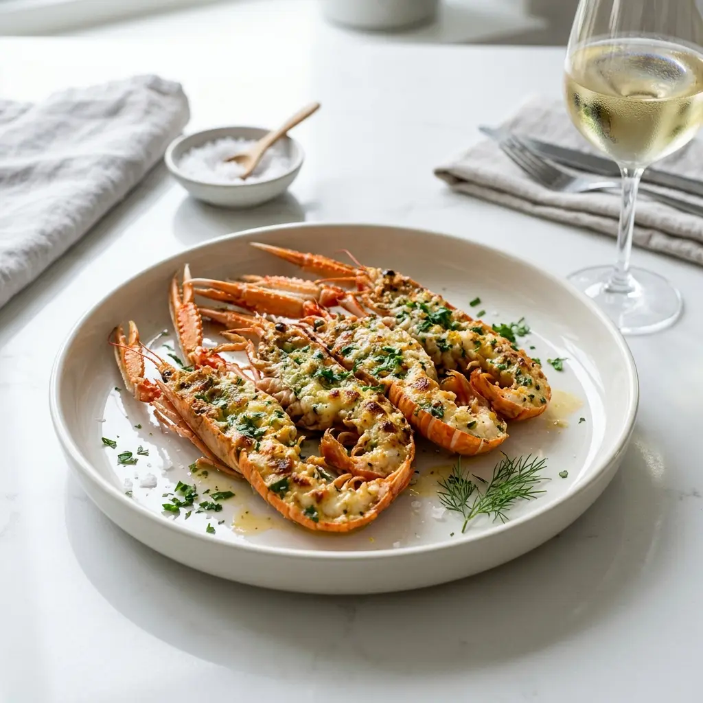 Langustină gratinată, jumătăți cu crustă aurie de pesmet și parmezan pe tavă