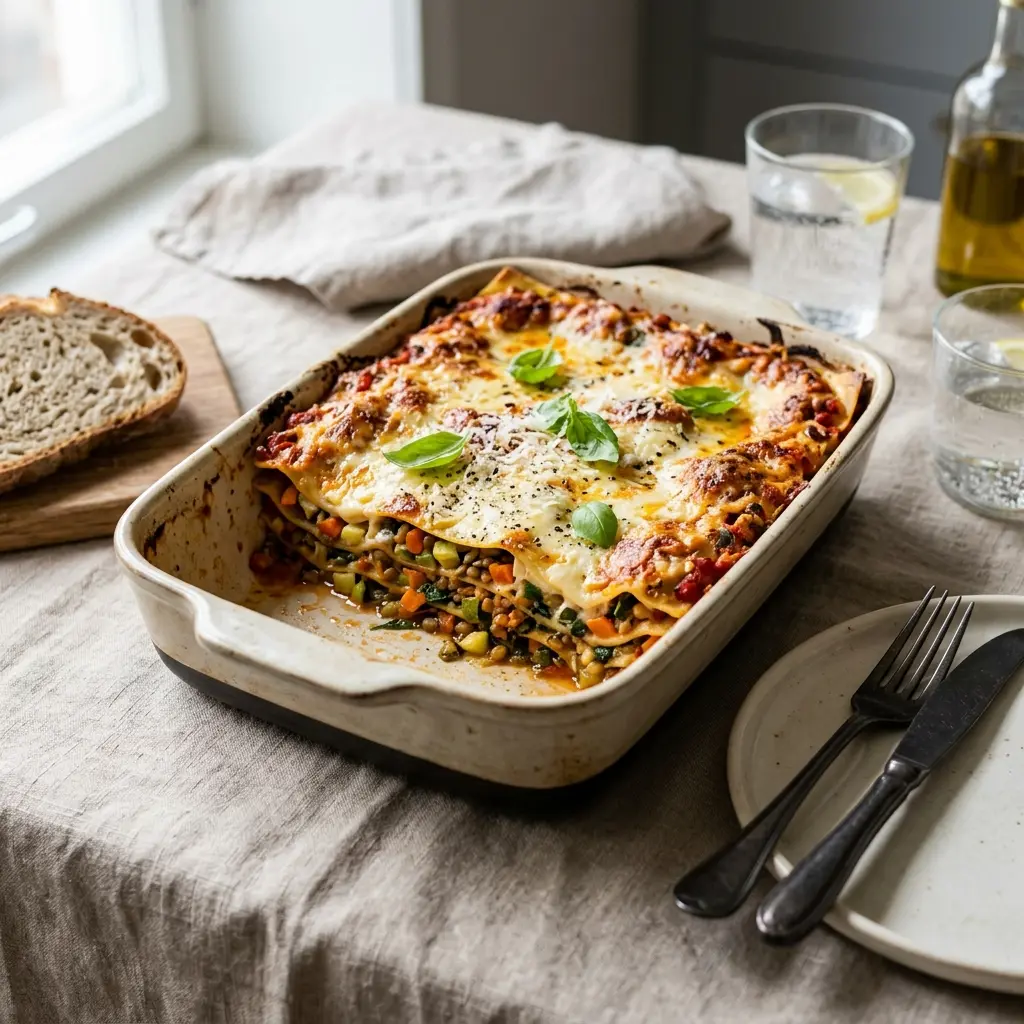 Fotografie cu Lasagna vegetariană gata de servire