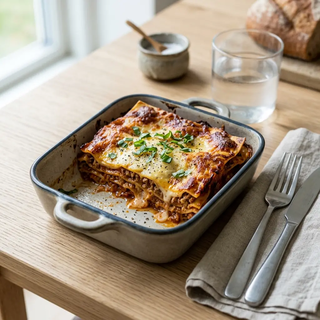 Lasagna, porție de paste în straturi cu sos de carne și crustă de brânză aurie