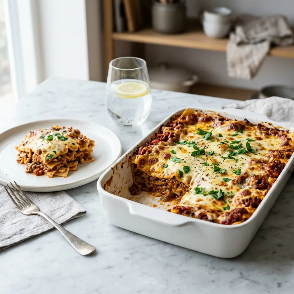 Lasagnette de casă, paste cu sos de carne și brânză gratinată în vas termorezistent