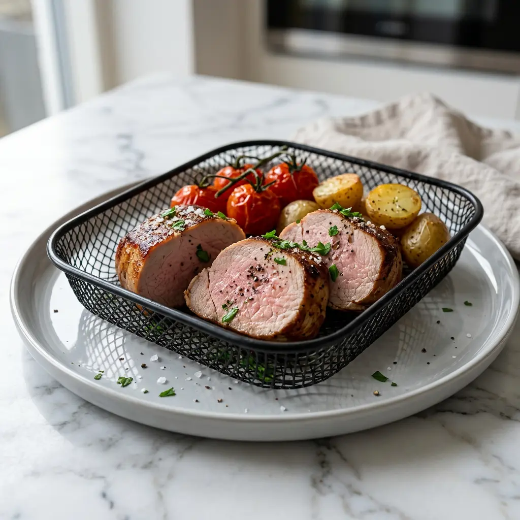 Fotografie cu Medalioane de mușchiuleț de porc la friteuza cu aer cald gata de servire