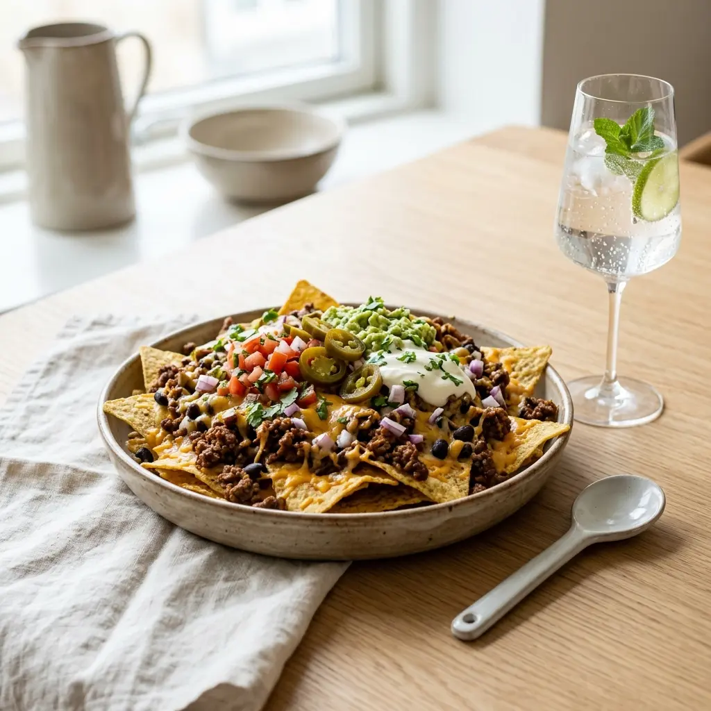 Nachos cu carne de vită, chipsuri de porumb cu carne tocată și cheddar topit pe tavă
