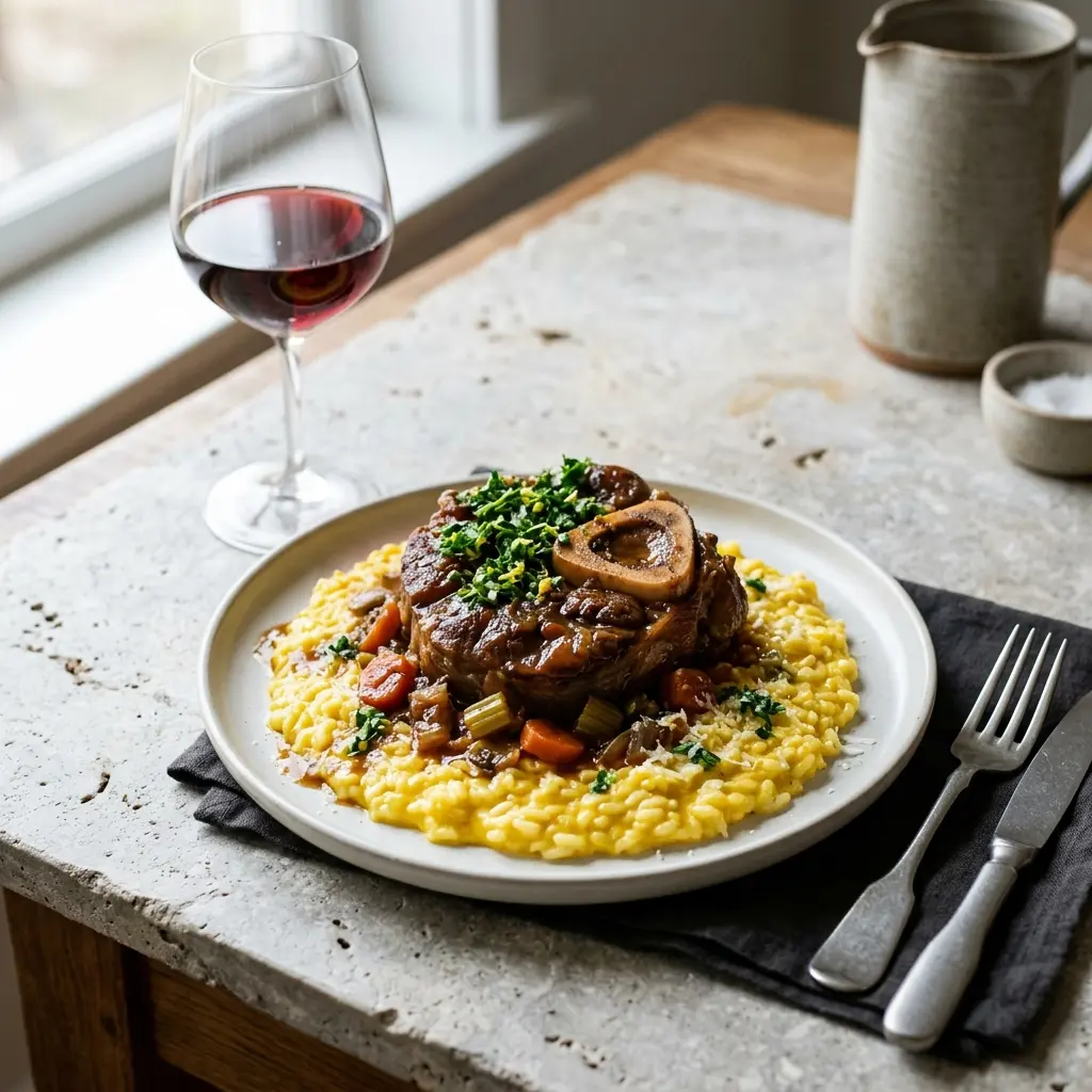Osso buco cu risotto, rasol de vițel în sos de roșii lângă risotto galben cu șofran