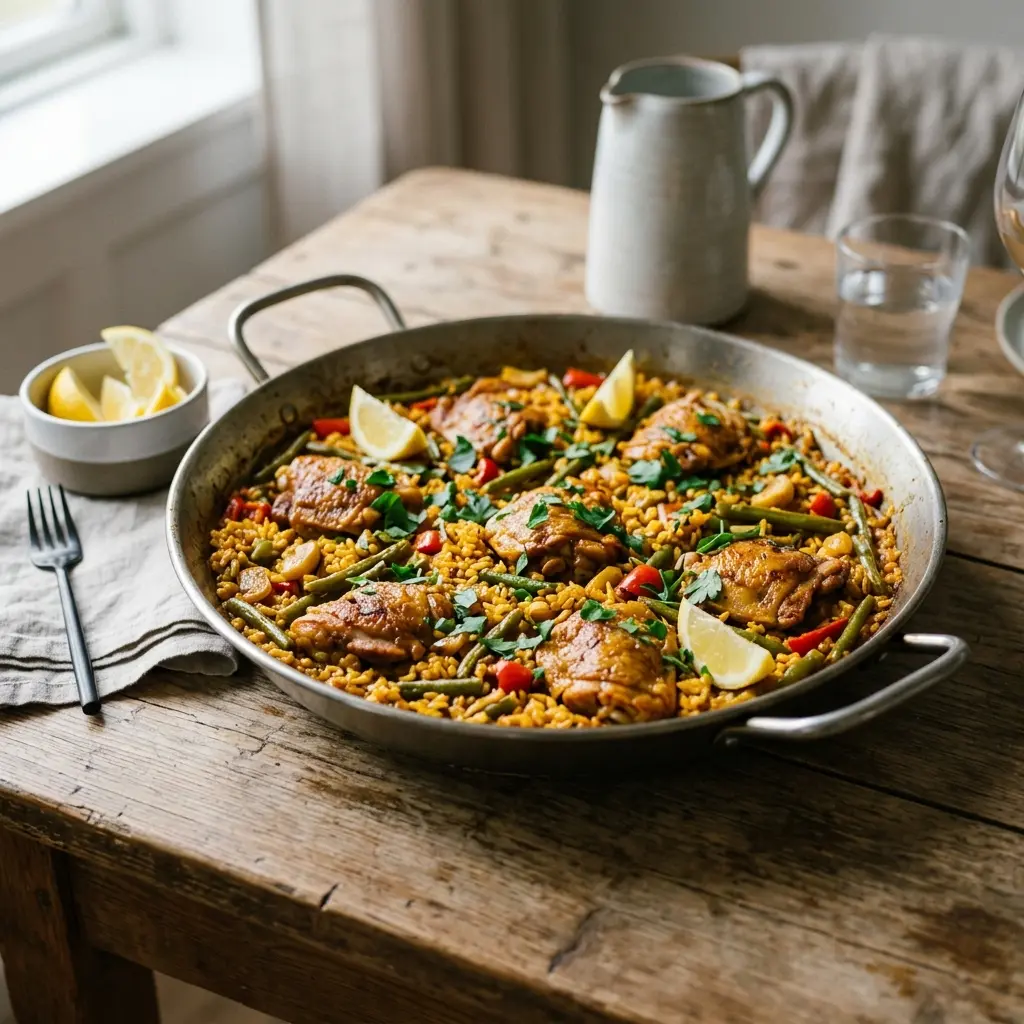 Paella cu pui, orez galben cu bucăți de pui, ardei și mazăre în tigaie