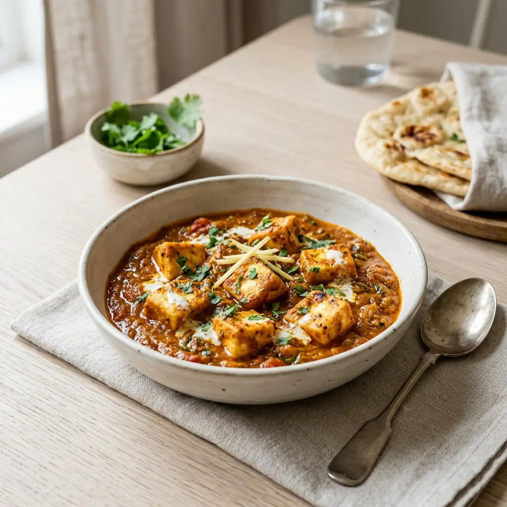 Paneer masala, cuburi de brânză în sos de roșii cu smântână, într-un bol