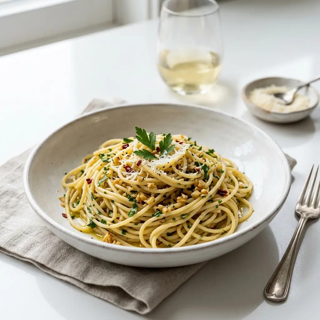 Pasta aglio e olio, spaghete cu usturoi auriu și pătrunjel pe farfurie
