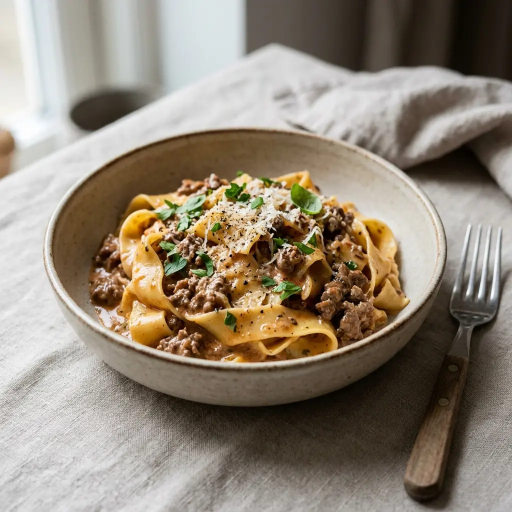 Paste cu carne tocată de vită și smântână, farfurie cu sos cremos și pătrunjel verde