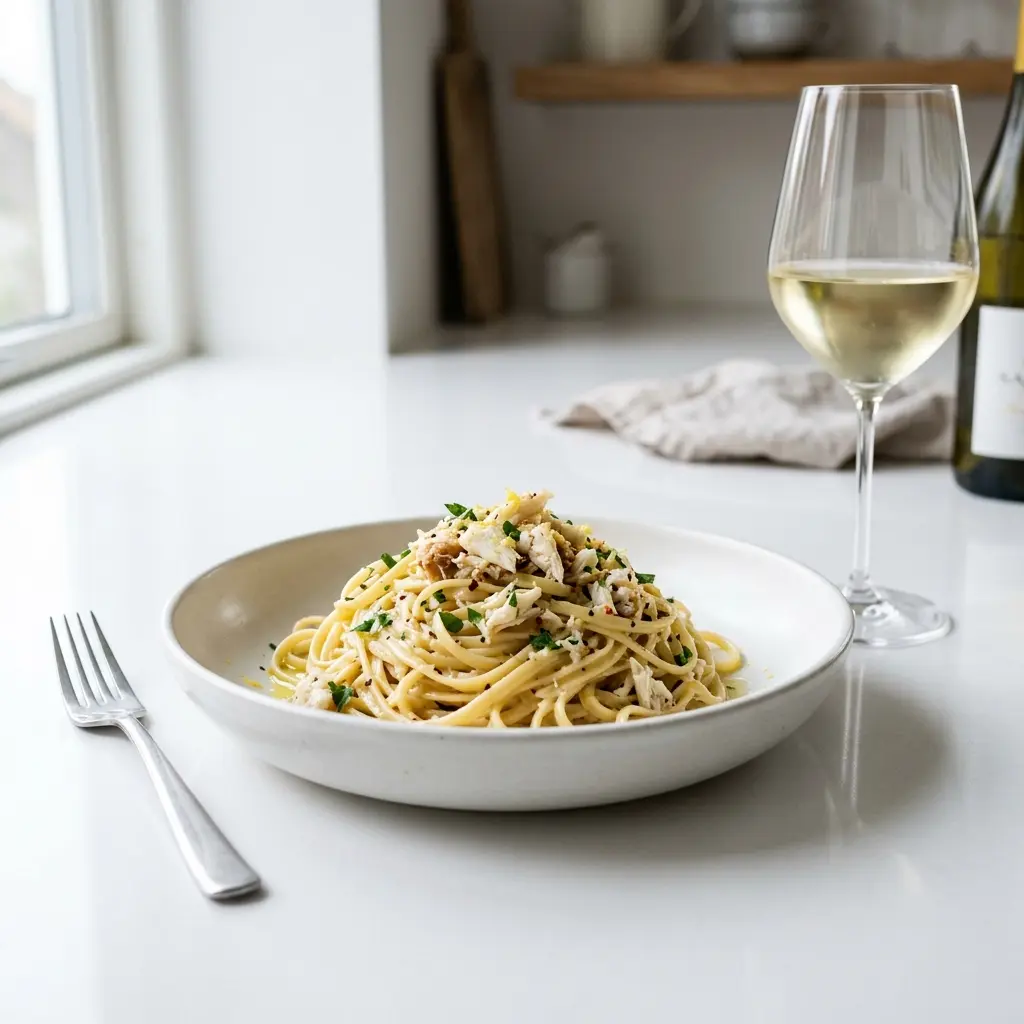 Paste cu crab, spaghete cu carne de crab, pătrunjel și lămâie pe farfurie