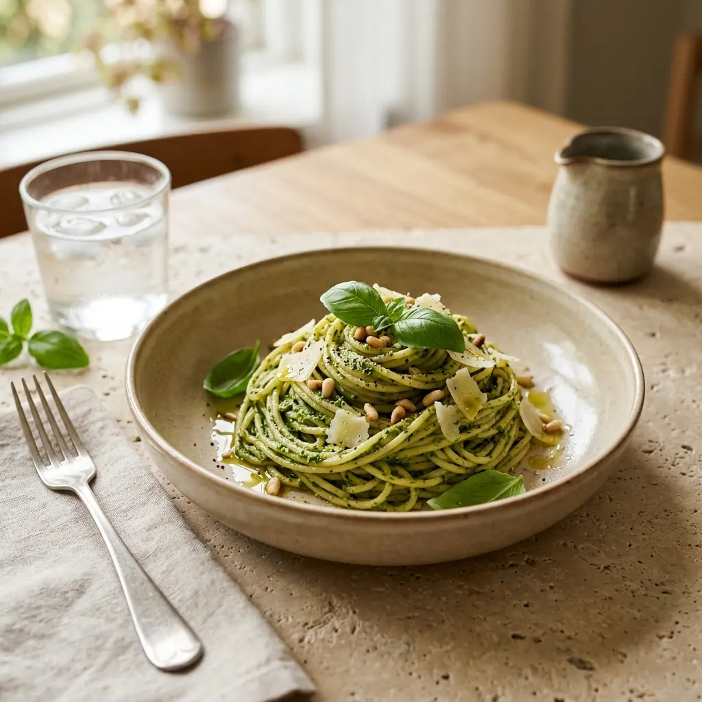 Fotografie cu Paste cu pesto verde gata de servire