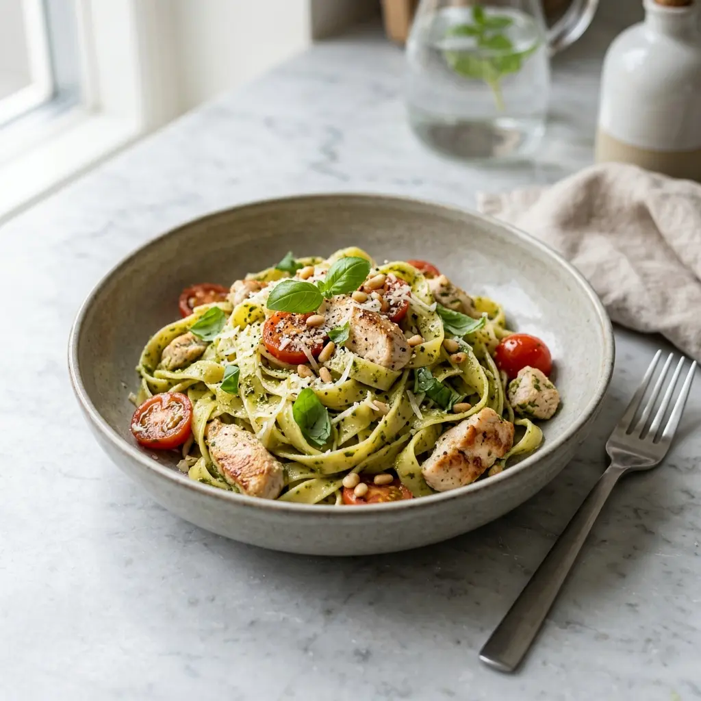 Fotografie cu Paste cu pui și pesto gata de servire