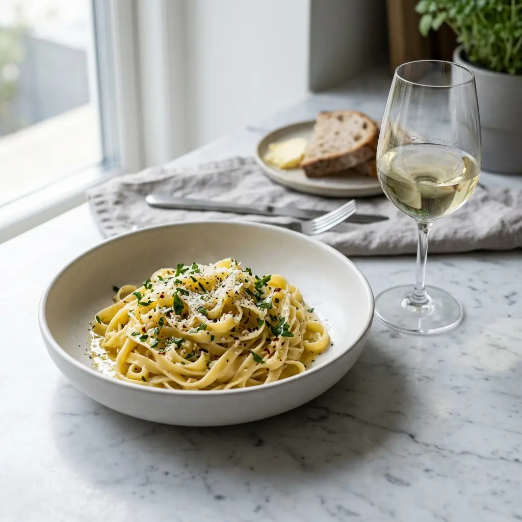 Paste cu unt de usturoi, spaghete cu parmezan ras și pătrunjel pe farfurie