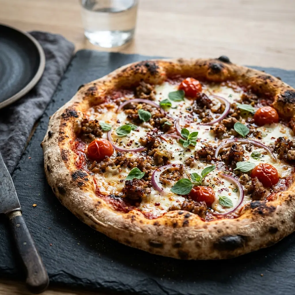 Fotografie cu Pizza cu carne tocată de porc gata de servire