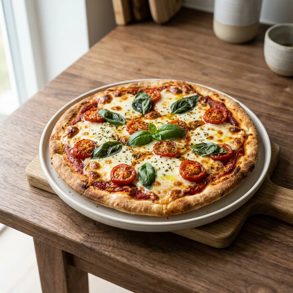Pizza pe pita la friteuza cu aer cald, lipie cu mozzarella topită și felii de salam