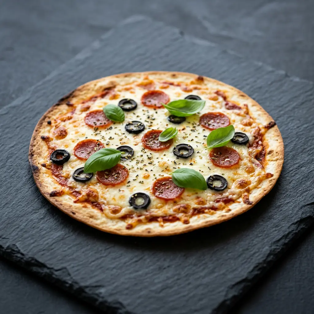 Fotografie cu Pizza pe tortilla la friteuza cu aer cald gata de servire