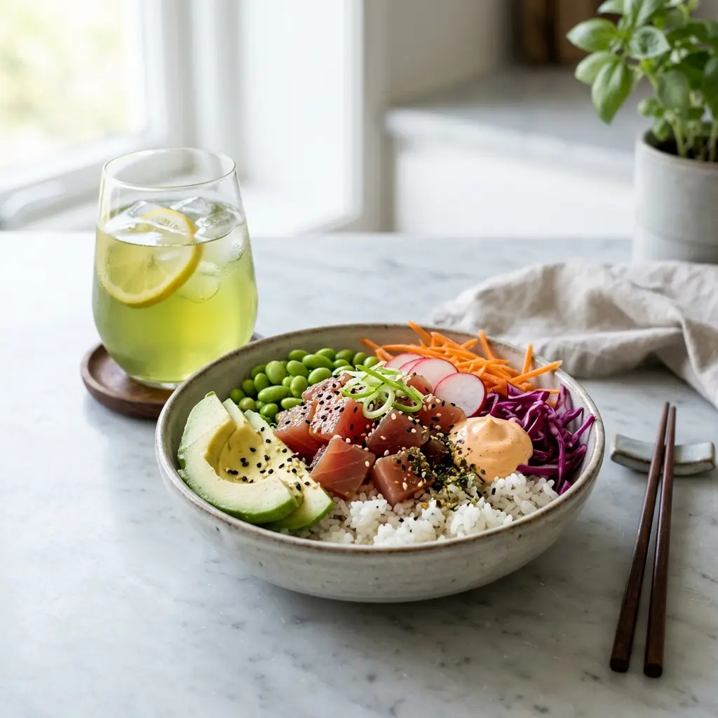 Poke bowl cu ton, orez, cuburi de ton, avocado, castravete și morcov în bol