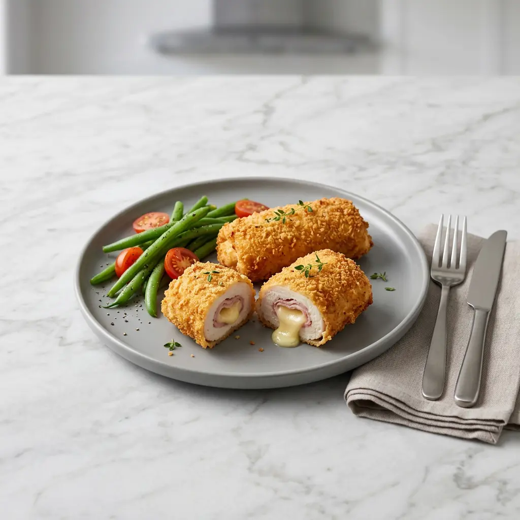 Pui cordon bleu la friteuza cu aer cald, rulouri aurii cu umplutură de brânză și șuncă