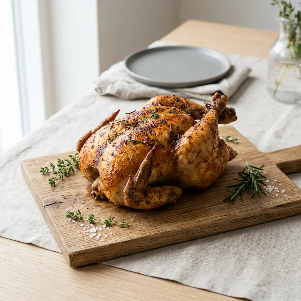 Pui întreg la friteuza cu aer cald, rumenit și auriu, pe farfurie