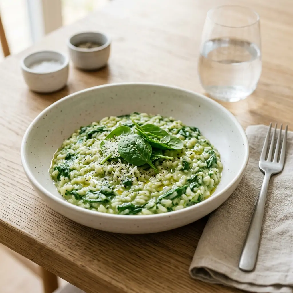 Risotto cu spanac, orez cremos cu frunze verzi și parmezan ras în farfurie