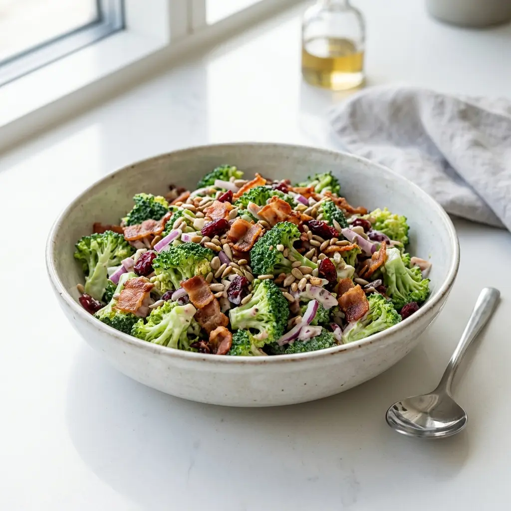 Salată de broccoli cu bacon, buchețele de broccoli cu bacon crocant și semințe într-un bol
