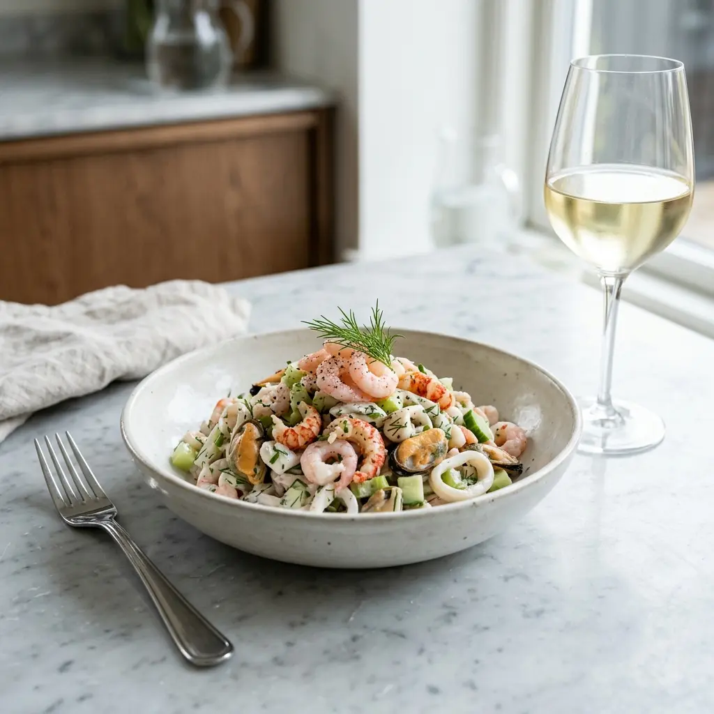 Fotografie cu Salată de fructe de mare cu dressing gata de servire