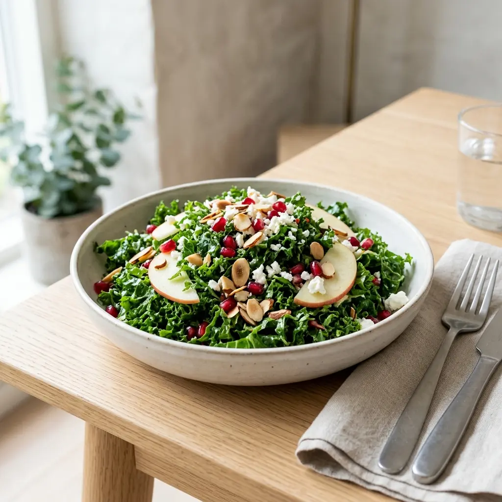 Salată de kale cu semințe de floarea soarelui și parmezan într-un bol