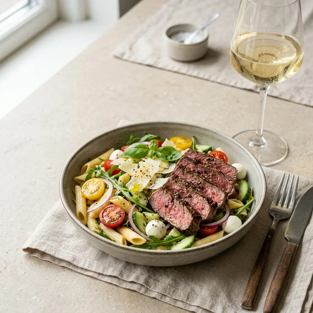 Fotografie cu Salată de paste cu steak gata de servire