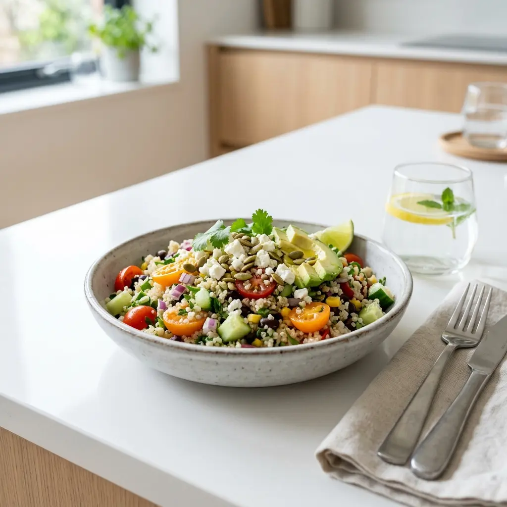 Salată de quinoa cu castravete, roșii, ardei și pătrunjel în bol