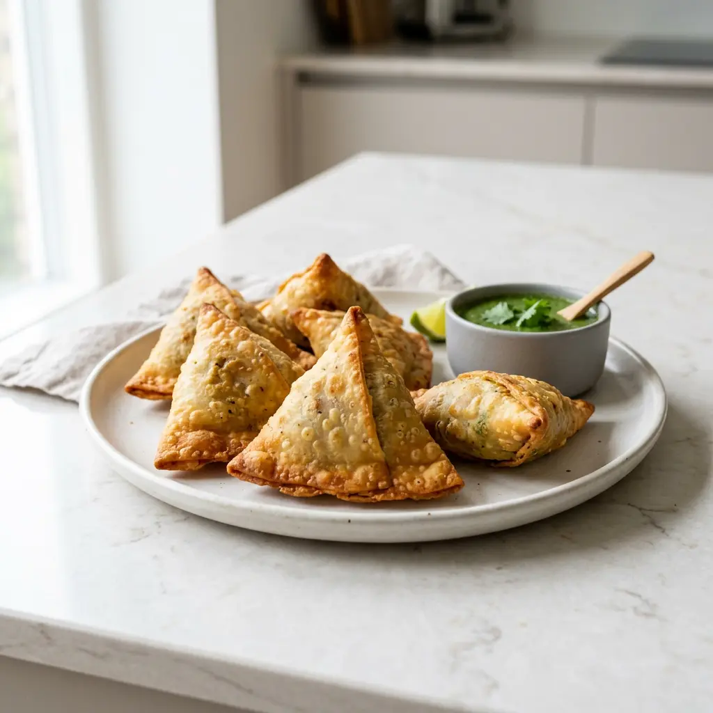 Fotografie cu Samosa la friteuza cu aer cald gata de servire