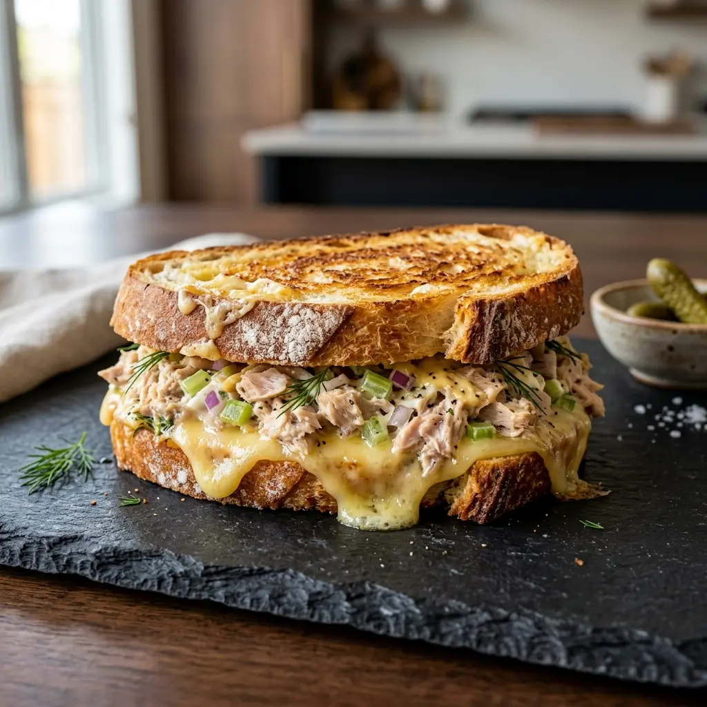 Sandviș tuna melt, două jumătăți tăiate în diagonală, cu brânză topită și pâine rumenită