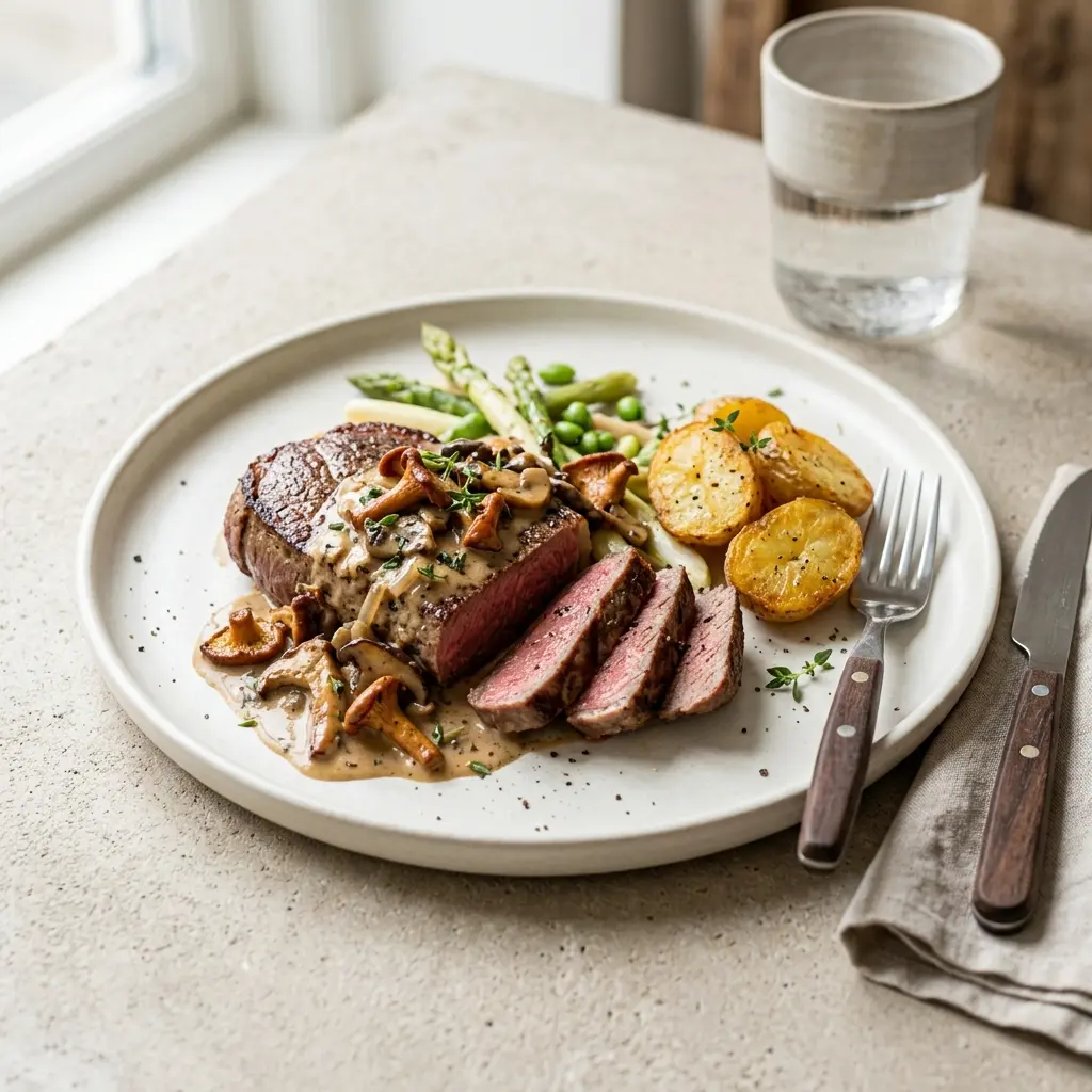 Fotografie cu Steak cu sos de ciuperci gata de servire