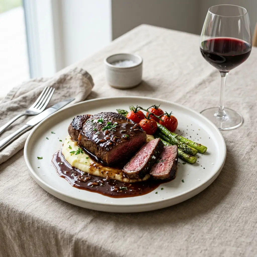 Fotografie cu Steak cu sos de vin roșu gata de servire