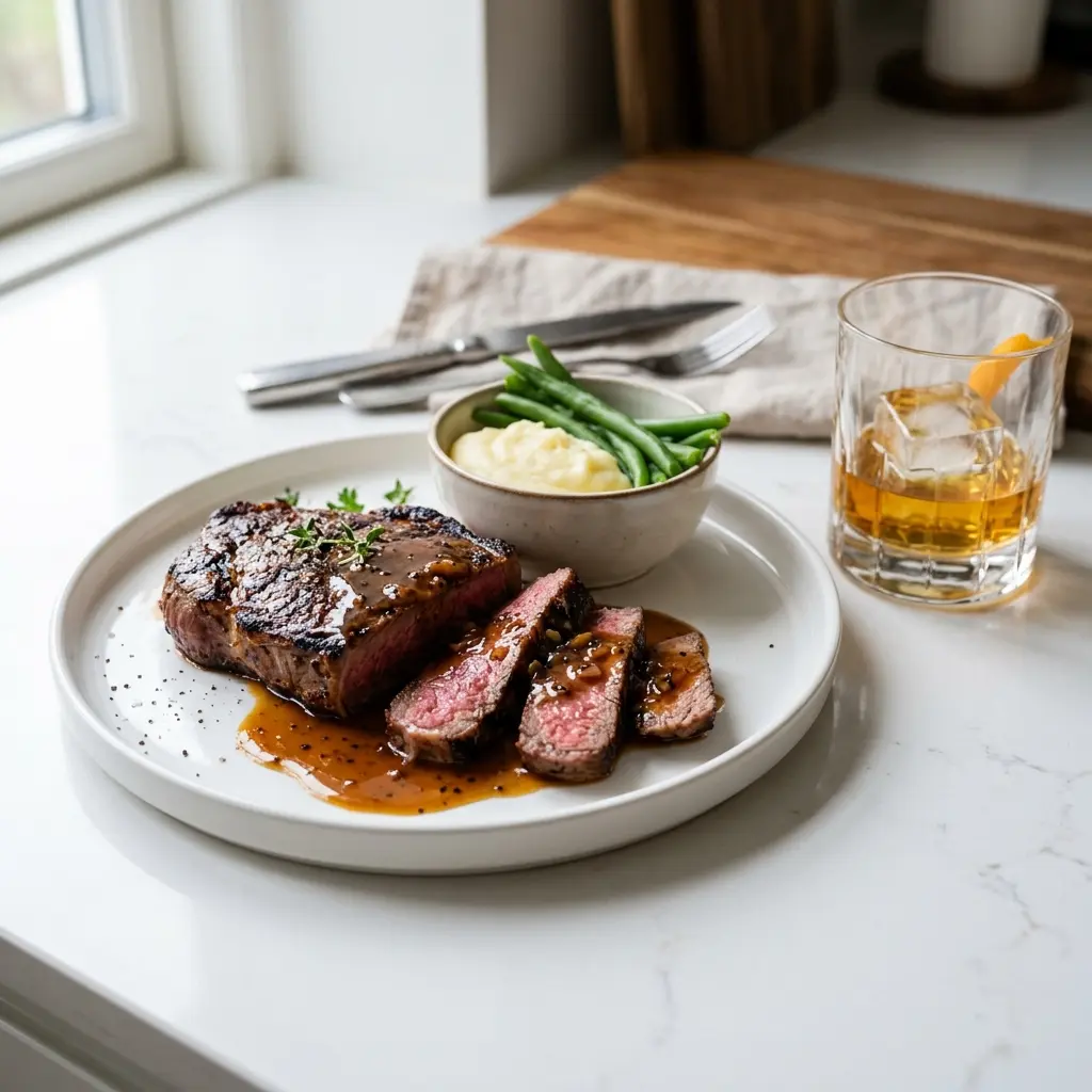 Fotografie cu Steak cu sos de whisky gata de servire