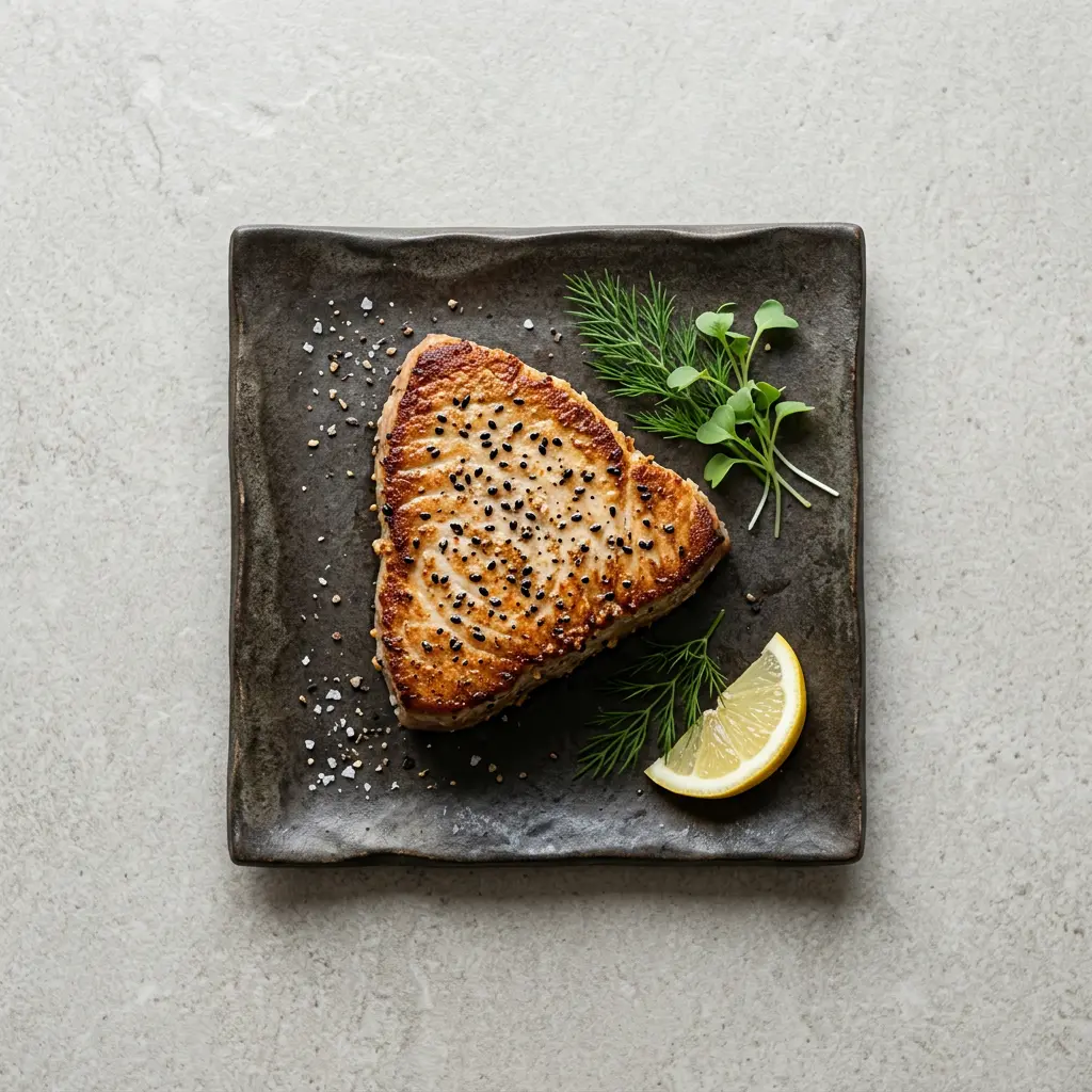Fotografie cu Steak de ton la friteuza cu aer cald gata de servire