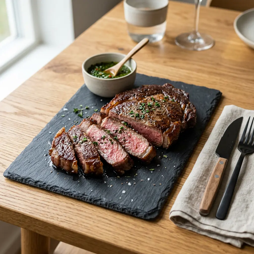 Fotografie cu Steak ribeye la friteuza cu aer cald gata de servire