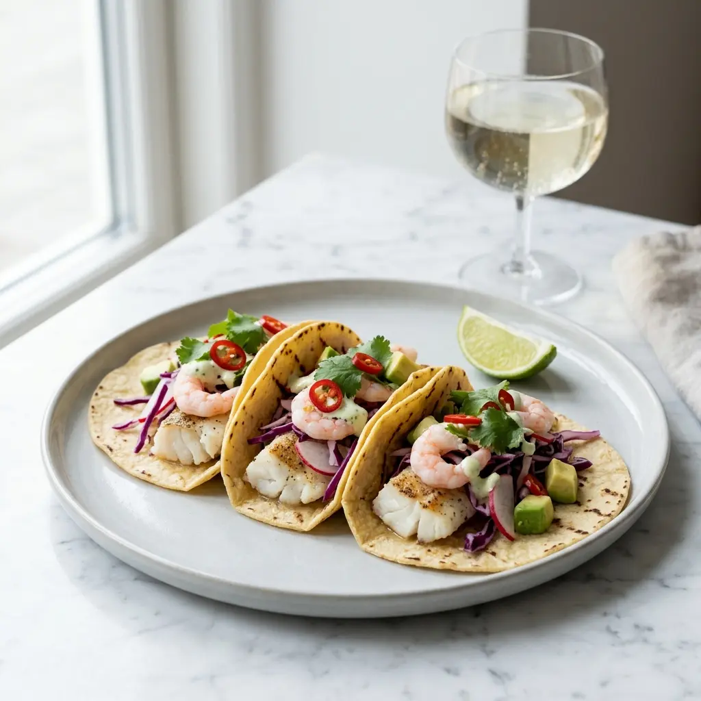 Tacos cu creveți, tortillas umplute cu creveți, varză, avocado și smântână