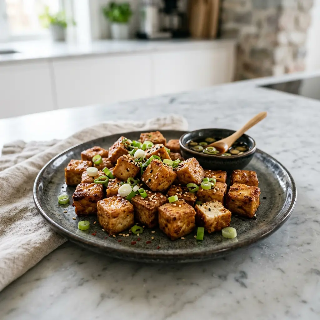 Fotografie cu Tofu la friteuza cu aer cald gata de servire