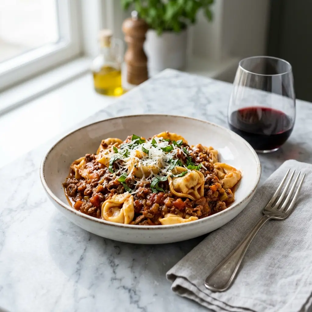 Fotografie cu Tortellini cu sos de carne gata de servire